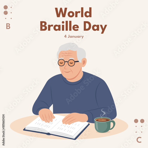 World Braille Day. A blind old person reads something in Braille.Concept for Poster, Banner, Post, Flyer, Card, Cover. Vector Illustration