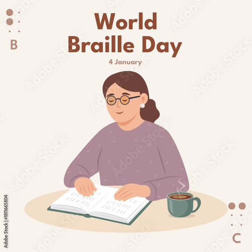 World Braille Day. A blind woman reads something in Braille.Concept for Poster, Banner, Post, Flyer, Card, Cover. Vector Illustration
