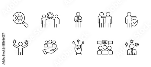 Leadership icon set containing vision, teamwork, confidence, support, integrity, skills, responsibility, motivation, communication and competence vector icons.