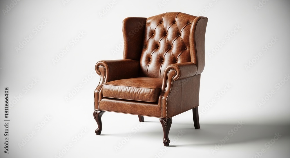Fototapeta premium Classic brown leather wingback chair adds timeless elegance to a comfortable and luxurious home interior