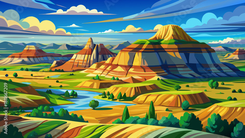 Very beautiful illustration of a stylized Theodore Roosevelt National Park landscape, featuring layered buttes, wide open prairies, soft rolling hills, and a vibrant blue sky in a clean travel-poster 