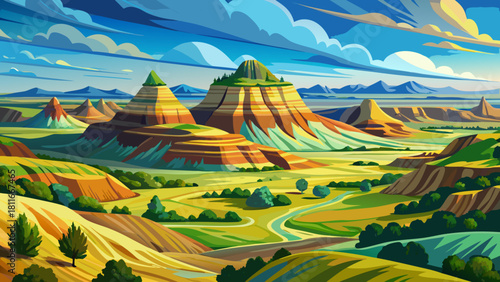 Very beautiful illustration of a stylized Theodore Roosevelt National Park landscape, featuring layered buttes, wide open prairies, soft rolling hills, and a vibrant blue sky in a clean travel-poster 