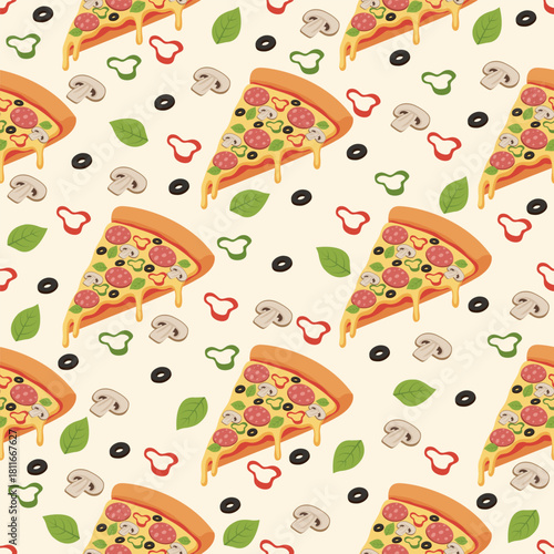 A slice of pizza with melting cheese, pepperoni, mushrooms, olives, basil, and bell pepper rings. Vector Illustration