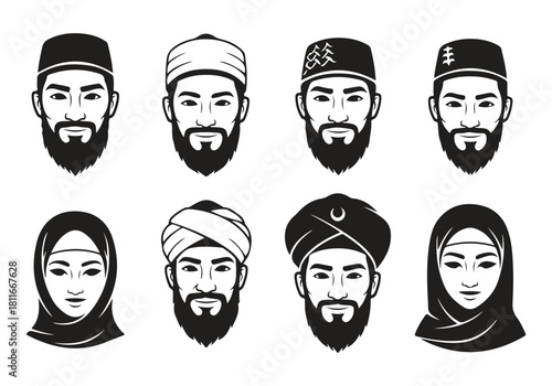 Set of diverse muslim man and woman head portrait icon