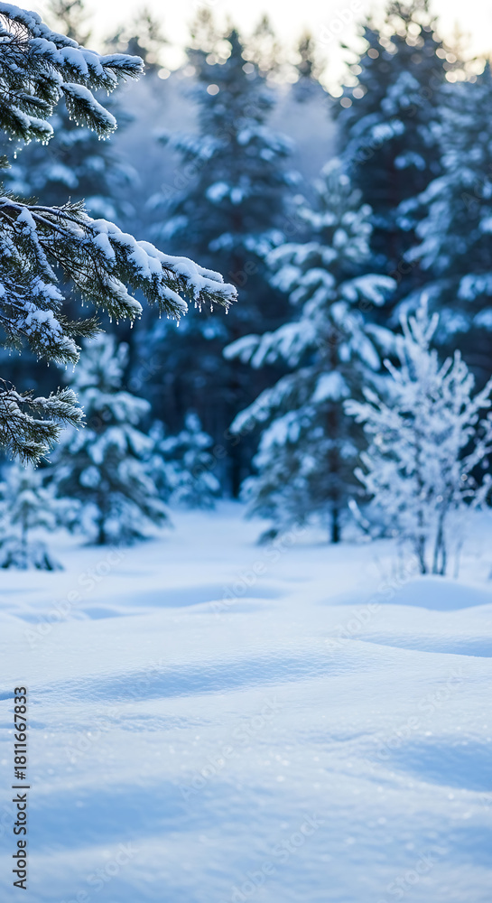 Fototapeta premium Seasonal Decor Aesthetics for Holiday Themes: Snowy Winter Landscape with Copy Space and Blurry Forest Background