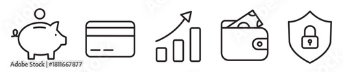 Minimalist linear finance icon set with piggy bank, credit card, growth chart, wallet with cash and shield with padlock, simple black outline symbols for banking, savings and secure money