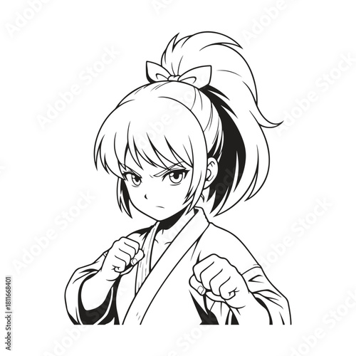 Anime girl martial art pose black and white drawing