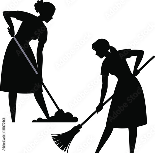 Silhouettes of two women cleaning, using broom and mop, household chores, vintage style, black and white silhouette image