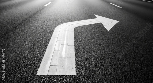 Road Sign Directional Arrow Pointing Right on Asphalt Surface In Monochrome Perspective