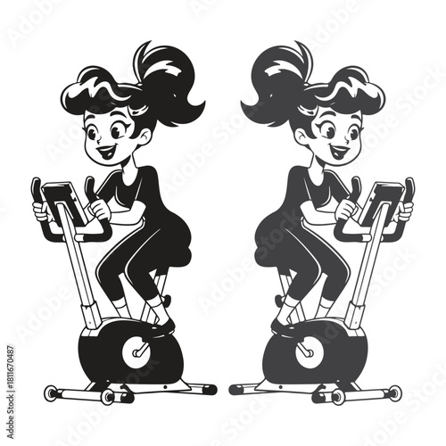 Two women exercising on stationary bike isolated on