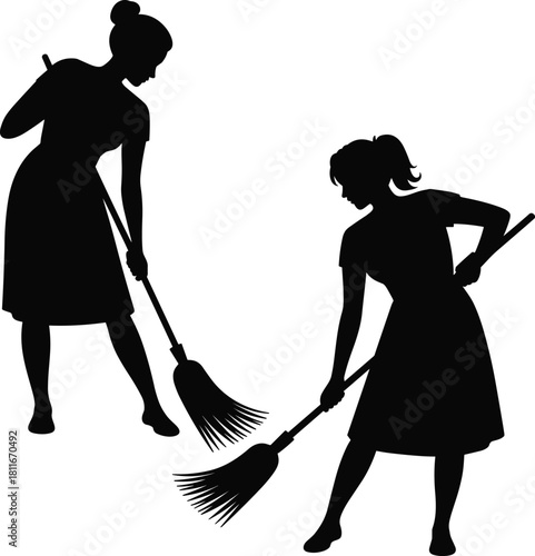Silhouettes of two women sweeping, broom cleaning, vintage style housework, black and white image, domestic work, chore silhouette art