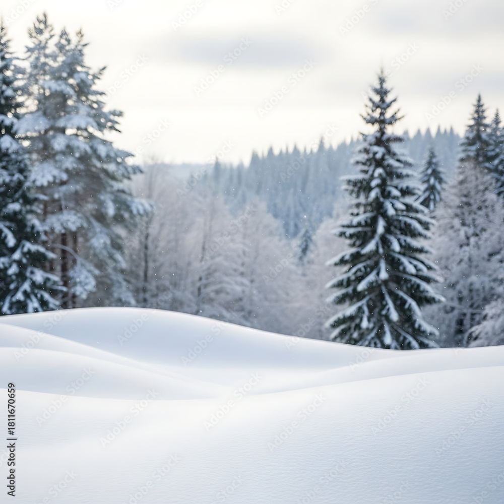 Fototapeta premium Seasonal Decor Aesthetics for Holiday Themes: Snowy Winter Landscape with Copy Space and Blurry Forest Background