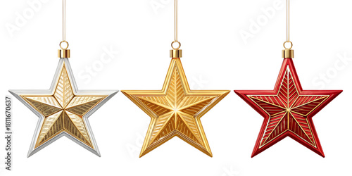 A festive set of 3D Christmas stars in metallic and glossy finishes. Perfect for holiday decorations, winter cards, banners, packaging, branding, and magical festive compositions. Each star is isolate © Kymaka28