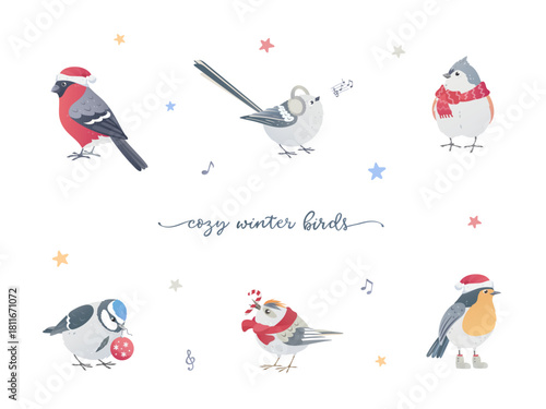 Cozy winter birds set. Bullfinch in Santa hat, titmouse with warm scarf, kinglet and a candy cane. Cute chickadee with Christmas accessories. Winter season songbird illustration for holiday cards.