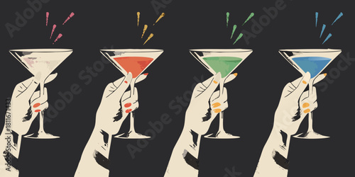 Hands holding colorful martini glasses in a row for celebration and party