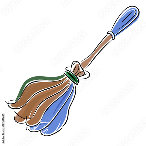 Colorful cleaning broom with a wooden handle and soft bristles  