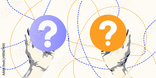 Hands holding question marks with dotted lines background