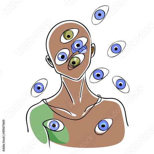 Abstract illustration of a person with multiple eyes in vibrant colors  