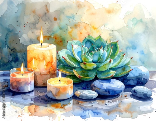 Watercolor style spa arrangement of candles, succulent, and polished stones