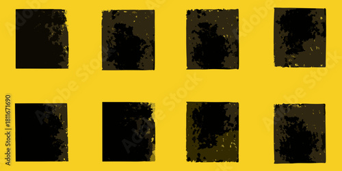 Eight abstract rectangles on yellow background with rough edges and dark infill