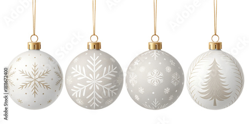 A collection of soft white Christmas ornaments with frosted texture and subtle snowy details. These minimalist 3D baubles are isolated on transparent background and ideal for clean winter designs, Sca