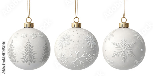 A collection of soft white Christmas ornaments with frosted texture and subtle snowy details. These minimalist 3D baubles are isolated on transparent background and ideal for clean winter designs, Sca
