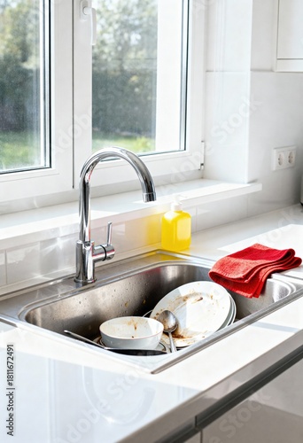 Dirty sink, dishes. Fatigue, congestion, lack of time for cleaning. Realistic homework, stressful life, unpaid work. The concept and content are about work-life balance, modern parenting, and stress.