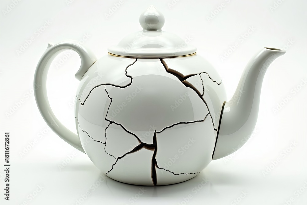 Obraz premium Artistic Design: Porcelain Teapot Shattered and Reassembled on White Background