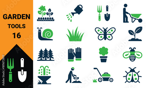 Vibrant collection of essential garden tools illustrated with a variety of colors and classic typography for outdoor projects and gardening enthusiasts