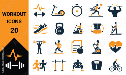 Comprehensive collection of diverse workout and fitness activity icons representing healthy lifestyle choices and exercise routines for digital and print media