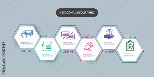 Business hexagonal infographic template with 6 steps. Diagram with hexagons