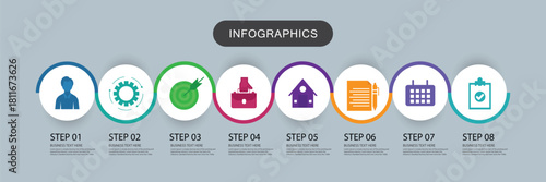 Business Timeline infographic design template with 8 options