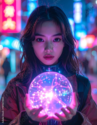 Young woman holds a glowing orb in front of bright city lights