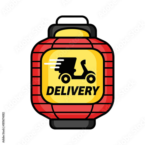 Vibrant red Asian lantern icon featuring a speedy scooter delivery service logo, perfect for a modern food business or logistics application