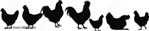 Silhouettes of various chickens and roosters in different poses, highlighting farm life, poultry, and rural lifestyle in nature