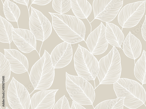 Neutral Beige Leaf Pattern Background Featuring White Line Art for Home Decor and Design, vector illustration background