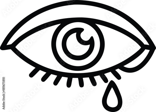 Single Eye Symbol with Tear Drop Underneath on Transparent Background Crying Simple Design with Hand Drawn Style Eyelash and Eyebrow Sadness Grief Sorrowful