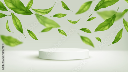 Floating Green Leaves Over A White Podium In A Fresh Nature Scene, A Modern Display vector illustration background