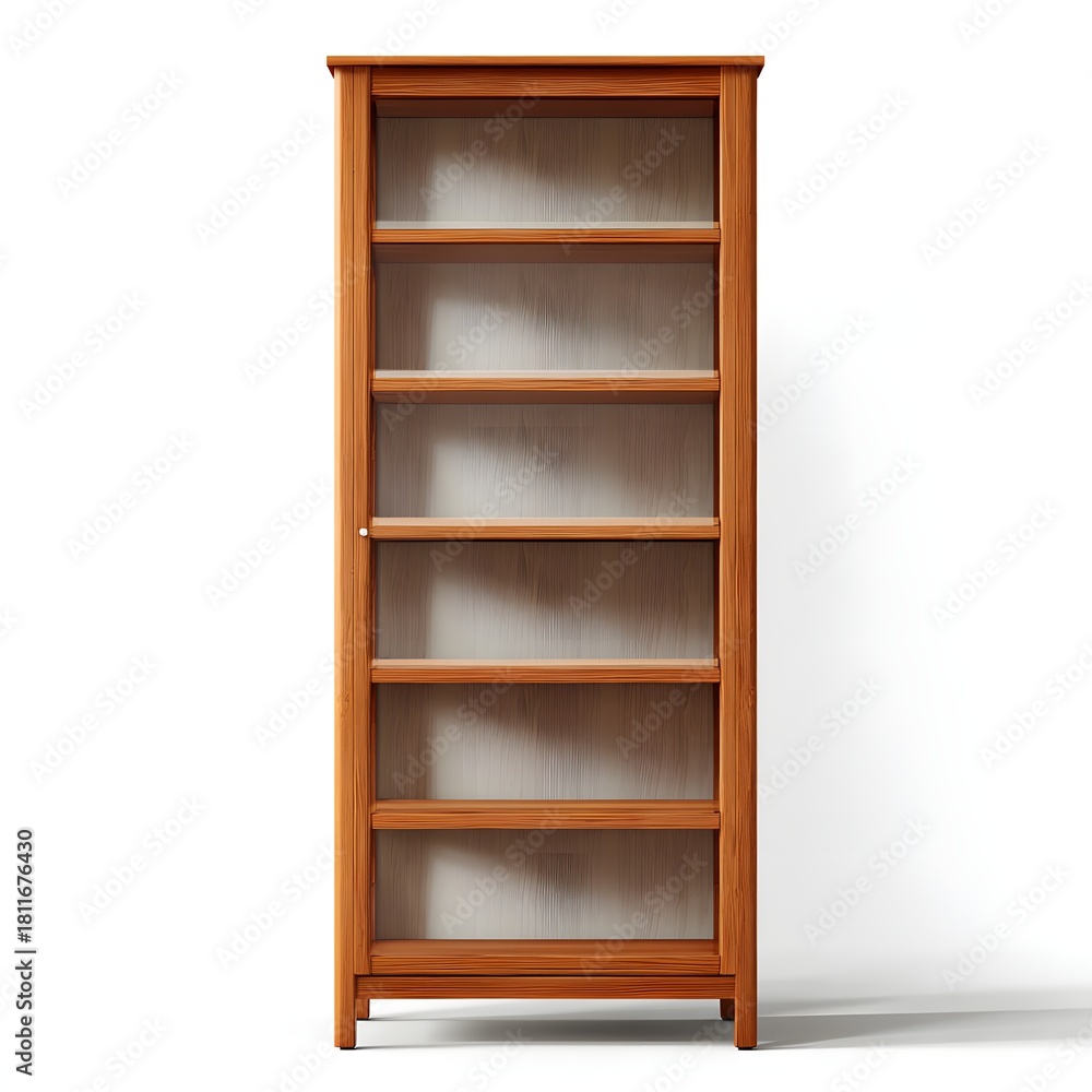 Obraz premium Tall wooden bookshelf with six shelves against a white background