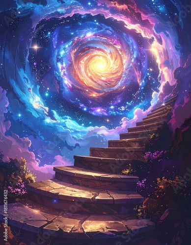 Stone steps leading to a swirling cosmic portal