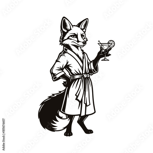 Anthropomorphic fox in bathrobe holding cocktail drink