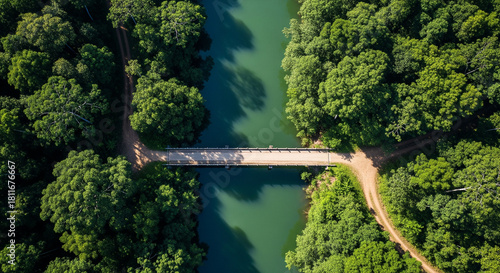 Top-down drone image of a narrow bridge road crossing a calm river surrounded by dense tropical forest and deep green water tones