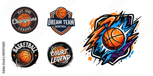 Multiple graphic illustrations of basketballs with text and designs.