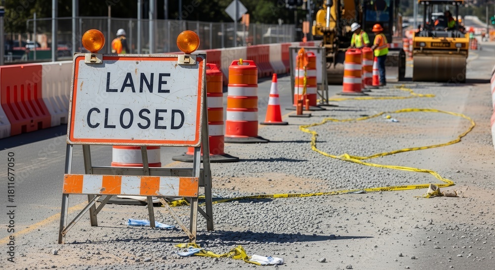 Naklejka premium Roadwork Ahead: Lane Closure and Construction on a Divided Highway Scene