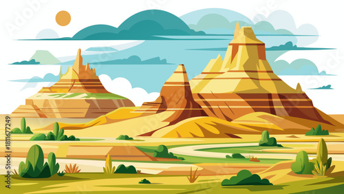 Very beautiful minimalist illustration of Theodore Roosevelt National Park on a clean white background, featuring stylized buttes, soft prairie contours, and simple natural shapes designed in a modern