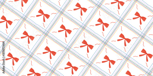 Seamless Red Bow and Plaid Gift Wrap Pattern, Festive Holiday Wrapping Paper Design, Christmas Ribbon Illustration, Repeating Decorative Background for Seasonal Packaging and Crafts