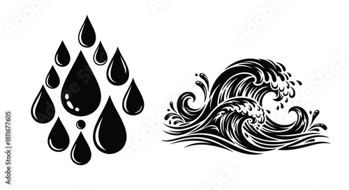 Black and white illustration of water droplets and a stylized ocean wave