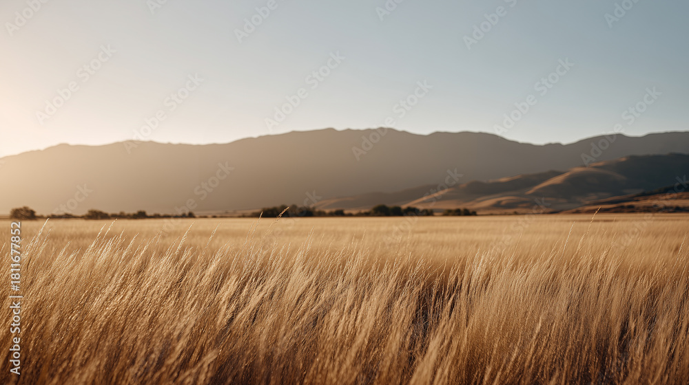 Fototapeta premium Golden field of tall grass glows in warm sunset light with soft rolling hills and distant mountains.