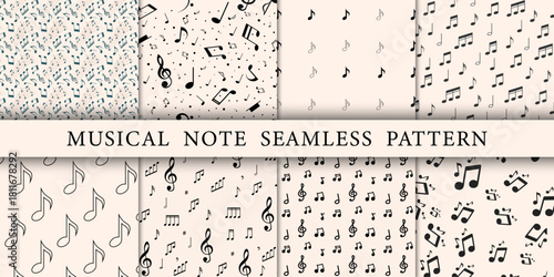 Rhythmic Pattern Collection Eight Seamless Musical Note Designs from Minimalist to Dense Notation for Creative Backgrounds and Themed Surfaces