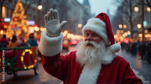 Jolly Santa Claus waving cheerfully on a festive street decorated with glowing Christmas lights and a large Christmas tree.